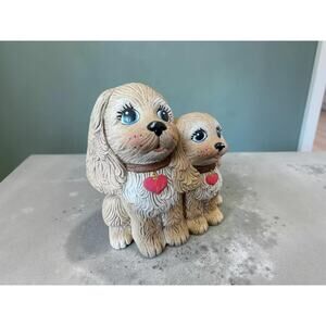 Vintage Big Eye Puppy Dog Duo Figurine | Cocker Spaniels Heart Collars Kitsch